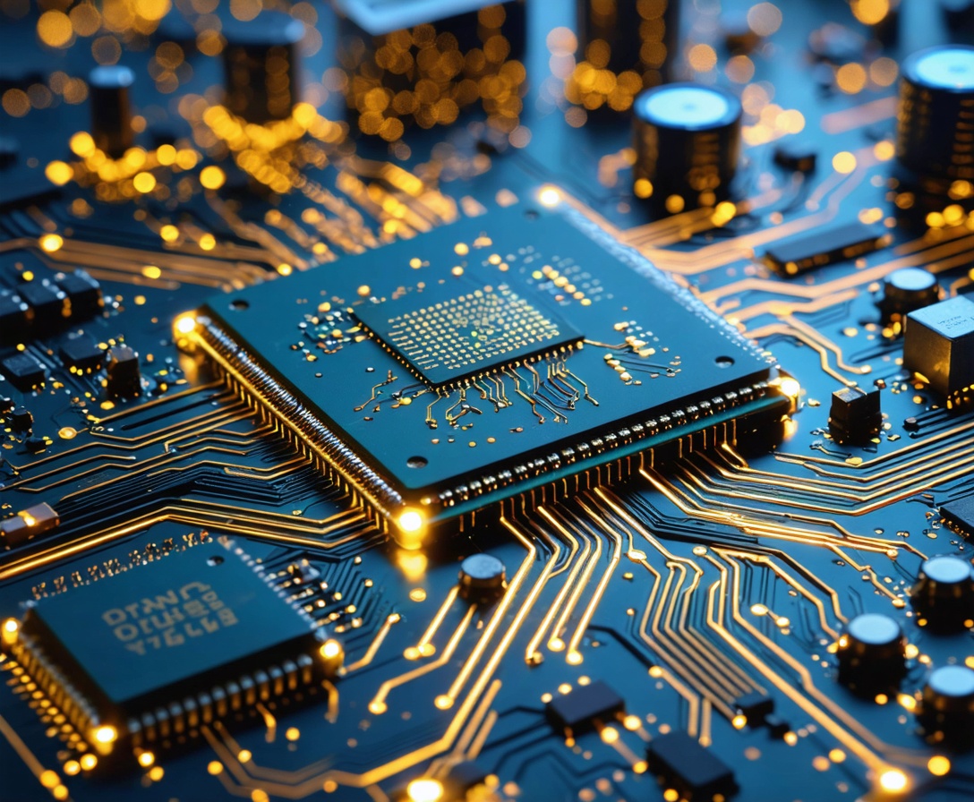 Макрофотография электронной платы с золотыми дорожками